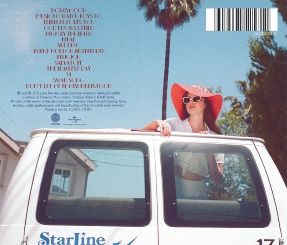 Albumcover mit Frau im roten Hut im Van, Palmen und Text auf der Rückseite.