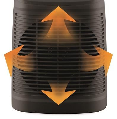 Zwarte elektrische kachel met oranje pijlen die warmteafgifte in verschillende richtingen aangeven.