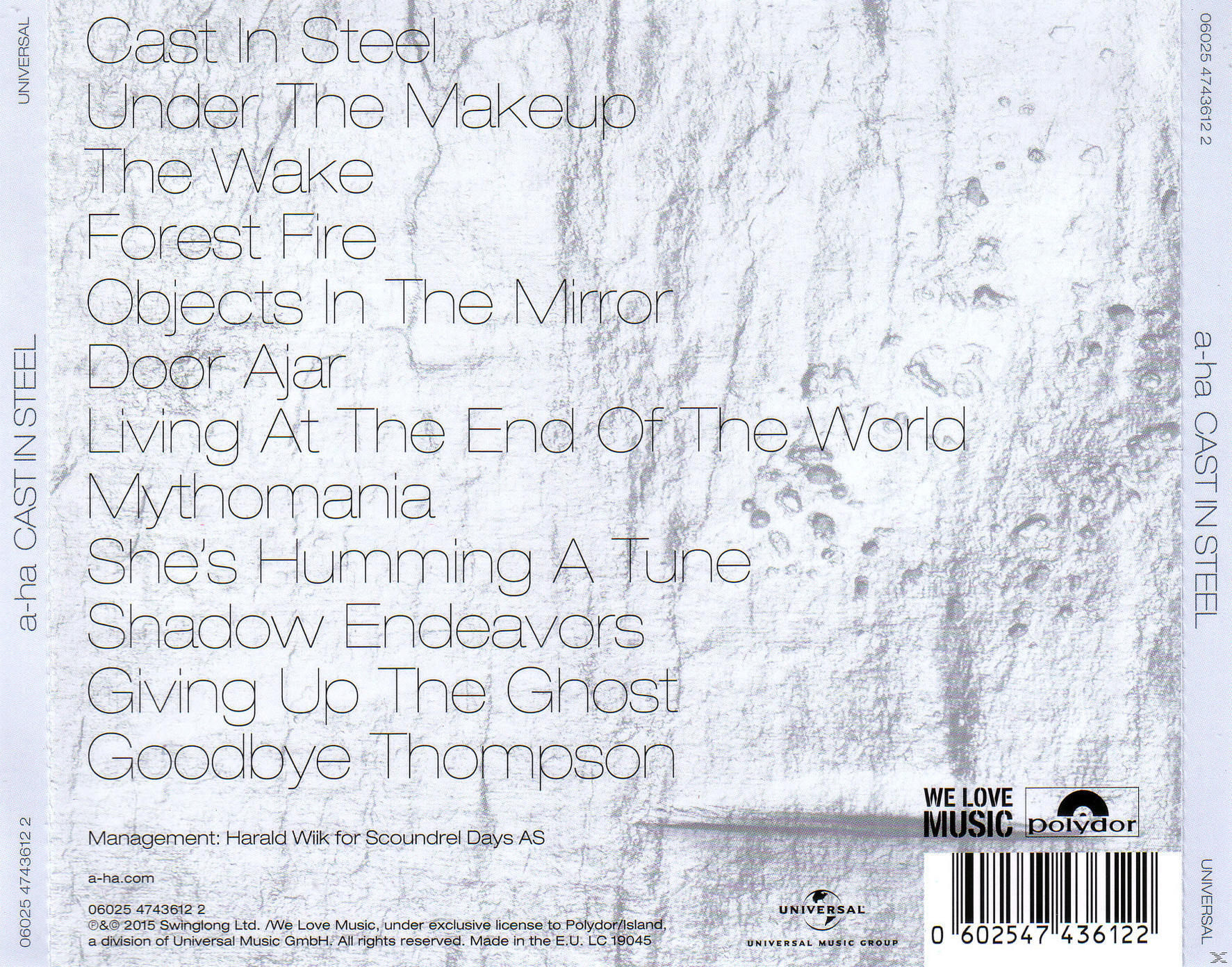 Albumcover mit Songliste und Text. Weißer Hintergrund mit schwarzem Text.