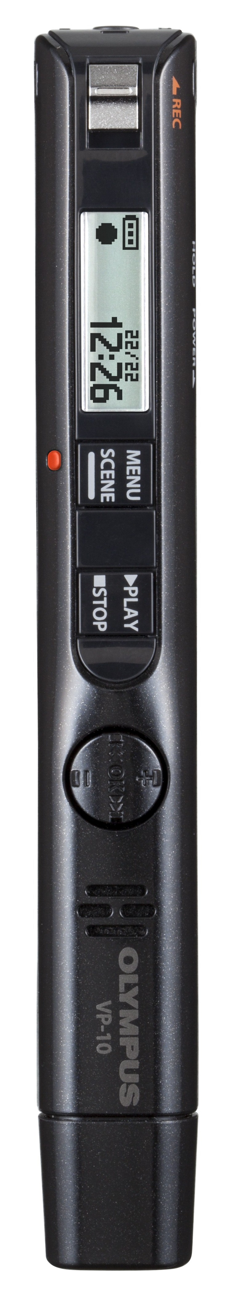 Schwarzes Olympus VP-10 Diktiergerät. Es hat ein Display, Knöpfe und ein Mikrofon.