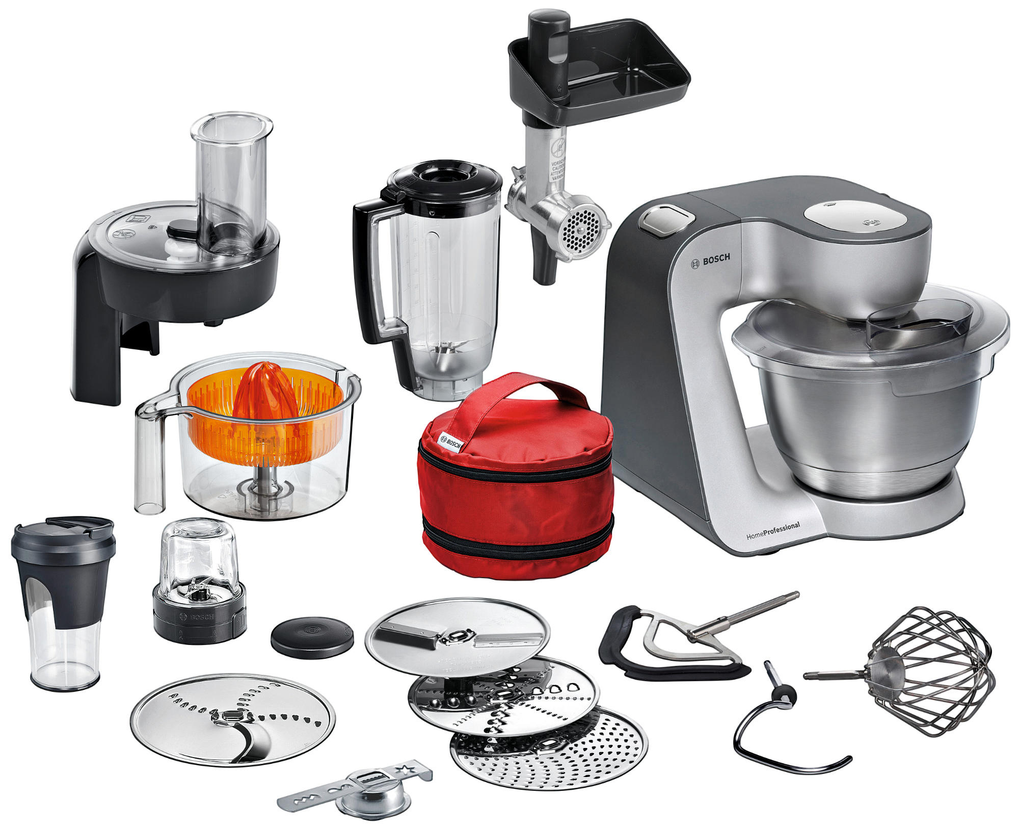 Küchengeräte-Set: Mixer, Mixer, Entsafter, Mahlwerk und andere Aufsätze.
