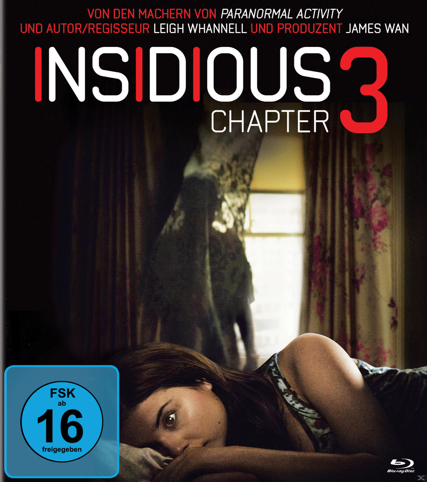 Insidious 3 DVD-Cover. Eine Frau sieht im Vordergrund verängstigt aus. Eine Geisterfigur im Hintergrund.