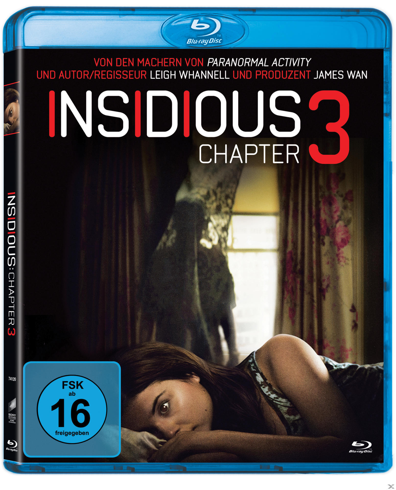 Insidious Chapter 3 DVD, Filmcover, Frau im Bett, Text und ein gruseliges Bild.