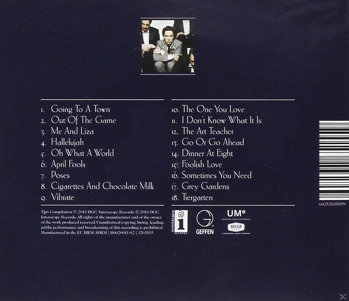 Albumrückseite mit einem Mann im Anzug, einer Titelliste und einem Barcode. Grauer und weißer Hintergrund.