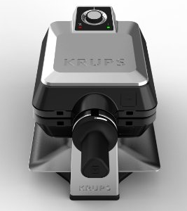 A silver and black waffle maker with the brand name KRUPS on the top and base.
