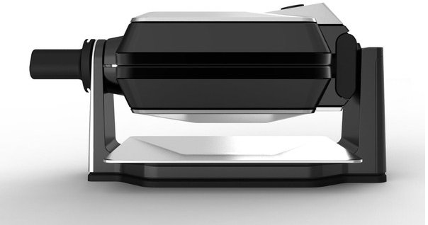 Waffle maker, black and silver, side view, with a white background.