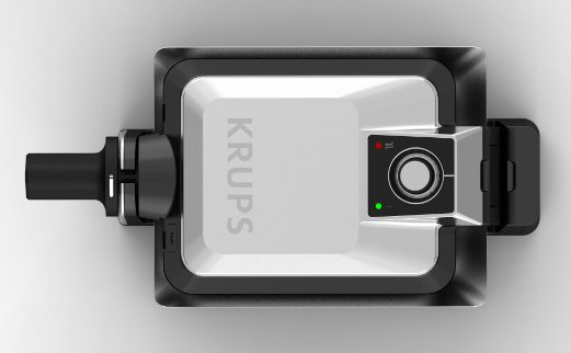 Waffle iron: Top view, Krups logo, black and silver. Power and ready lights.