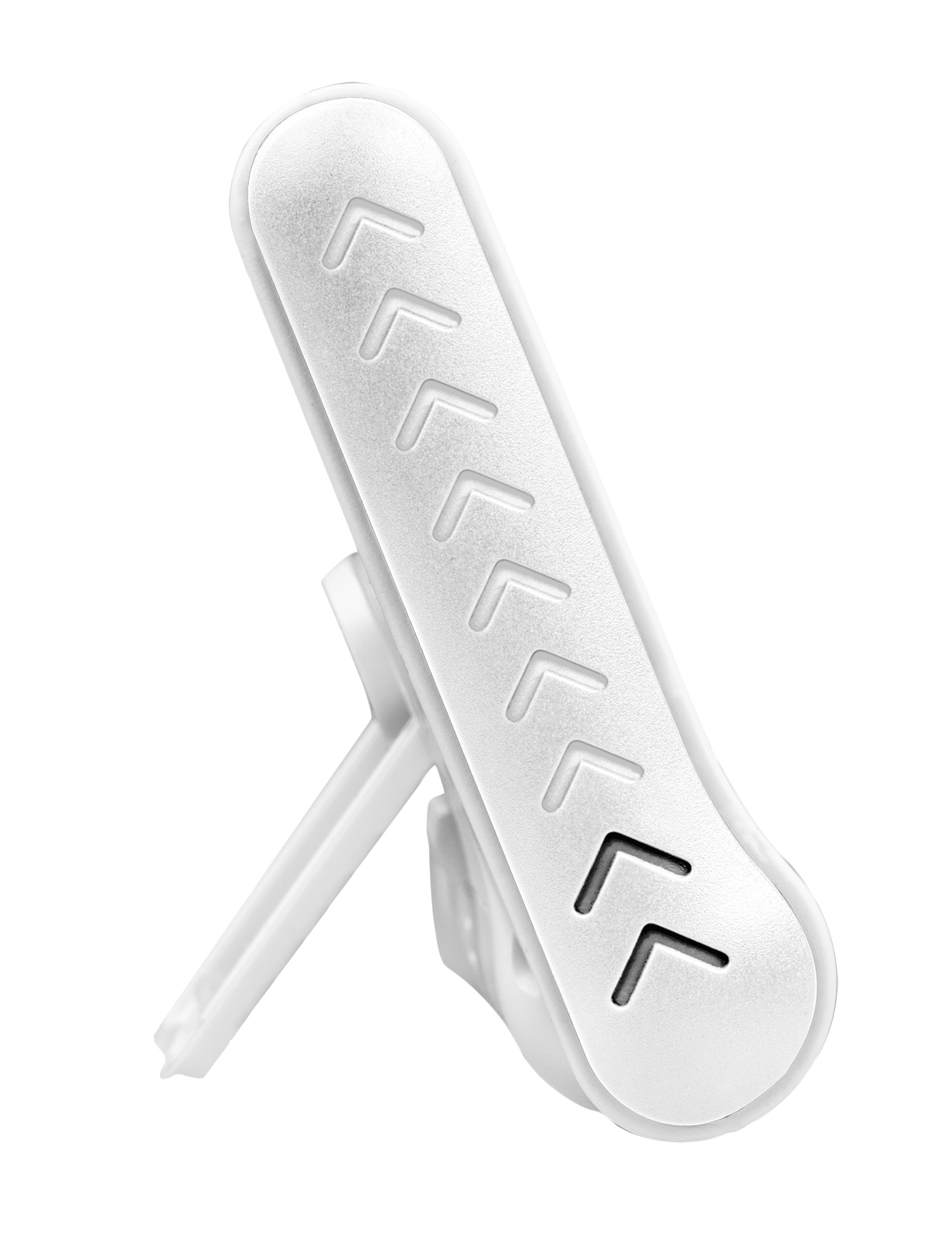 White air freshener. Rectangular shape with angled side, chevron design, and stand.
