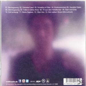 CD-Rückseite mit Trackliste und Credits. Ein verschwommenes Bild einer Person in Lilatönen.