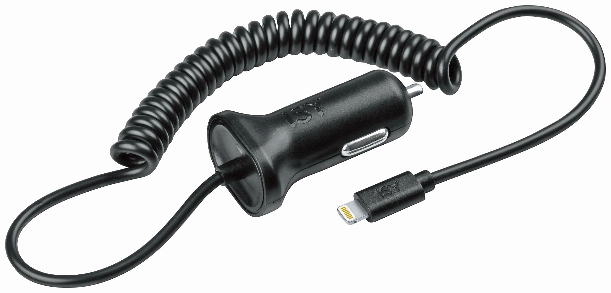 Chargeur de voiture noir avec câble en spirale connecté à USB-C et câble Lightning.