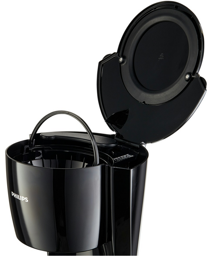 Black coffee maker, open lid. Shows the filter basket.
