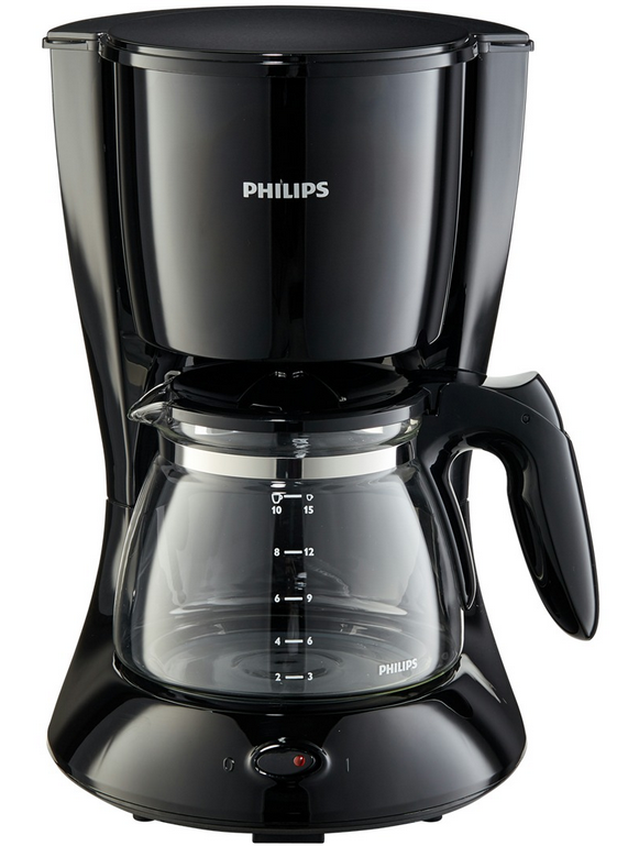 A black Philips coffee maker with a glass carafe, sitting on a white surface.