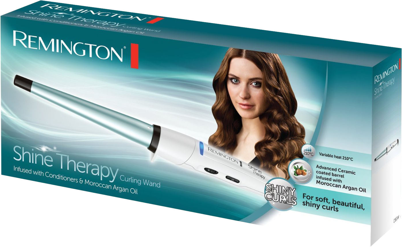 Remington Shine Therapy curling wand box. Woman on the front. White and teal color scheme.