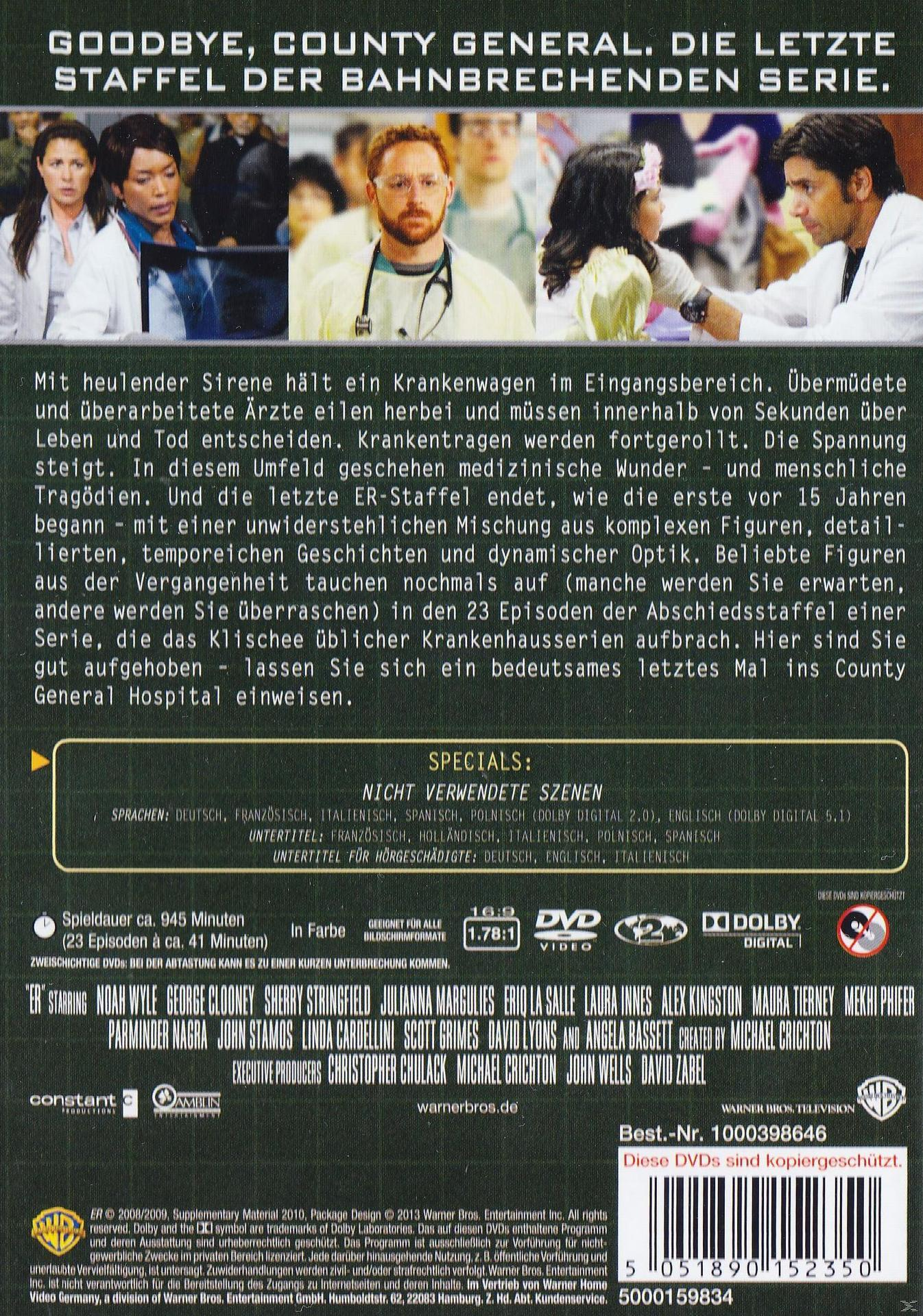 DVD-Rückseite: ER-Episode mit Besetzung und Episodendetails. Text in verschiedenen Sprachen.