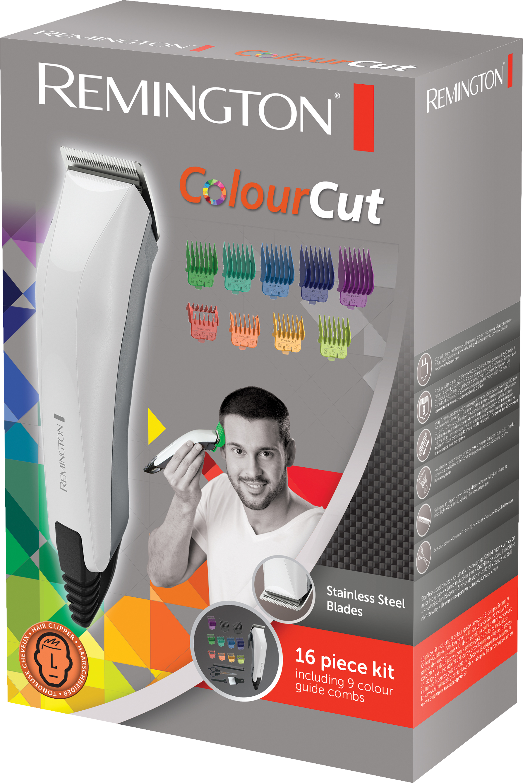 Remington ColourCut hajvágó doboz. Tartalmaz hajvágót, fésűket, és egy férfit, aki használja.
