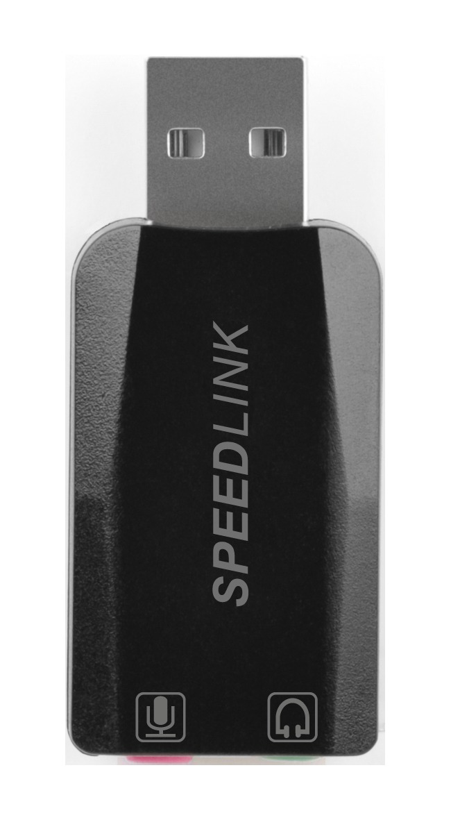 Schwarzer USB-Audioadapter, Speedlink-Text, Mikrofon- und Kopfhörersymbole.