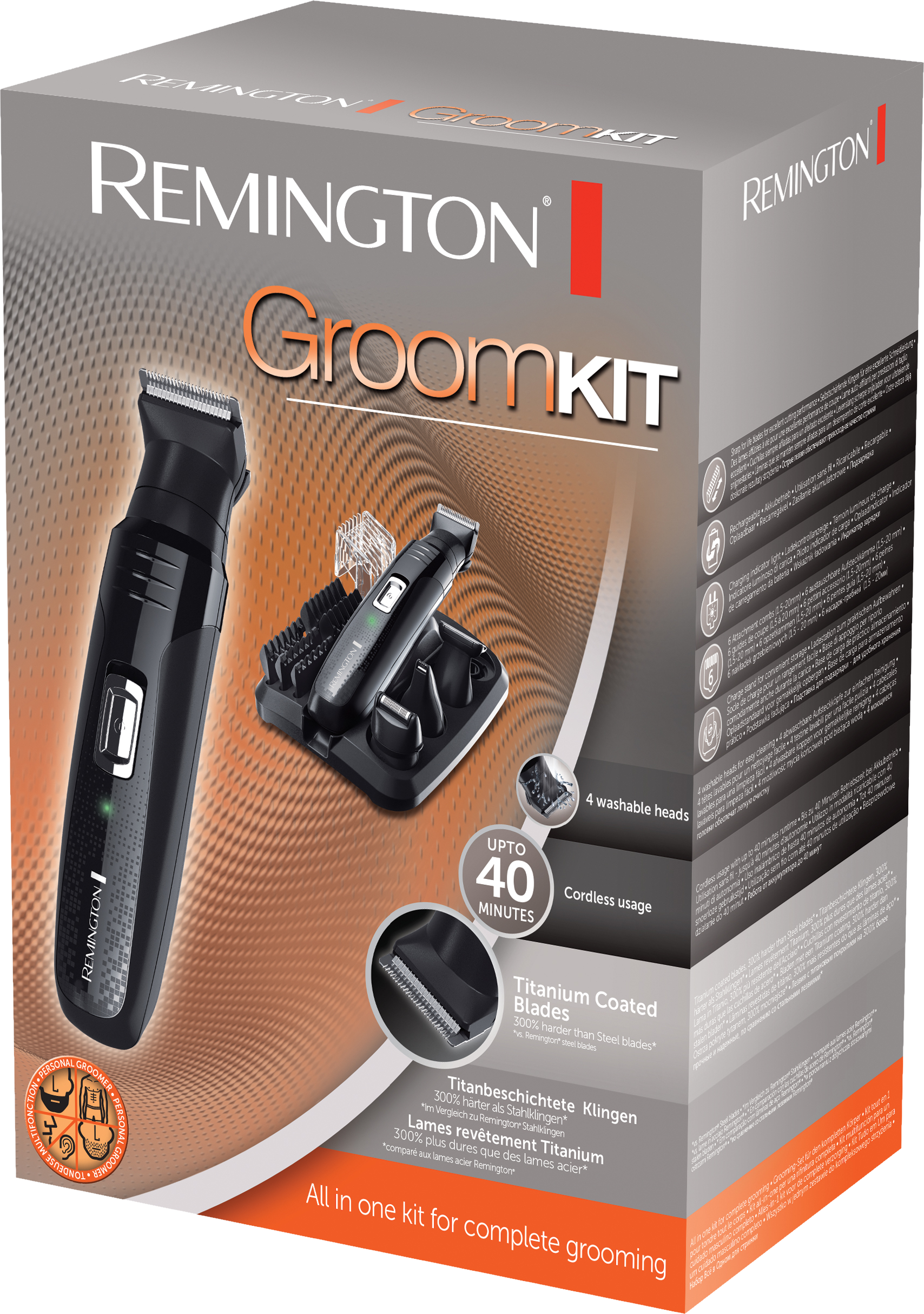 Remington GroomKit doboz borotvával és egyéb ápoló eszközökkel.