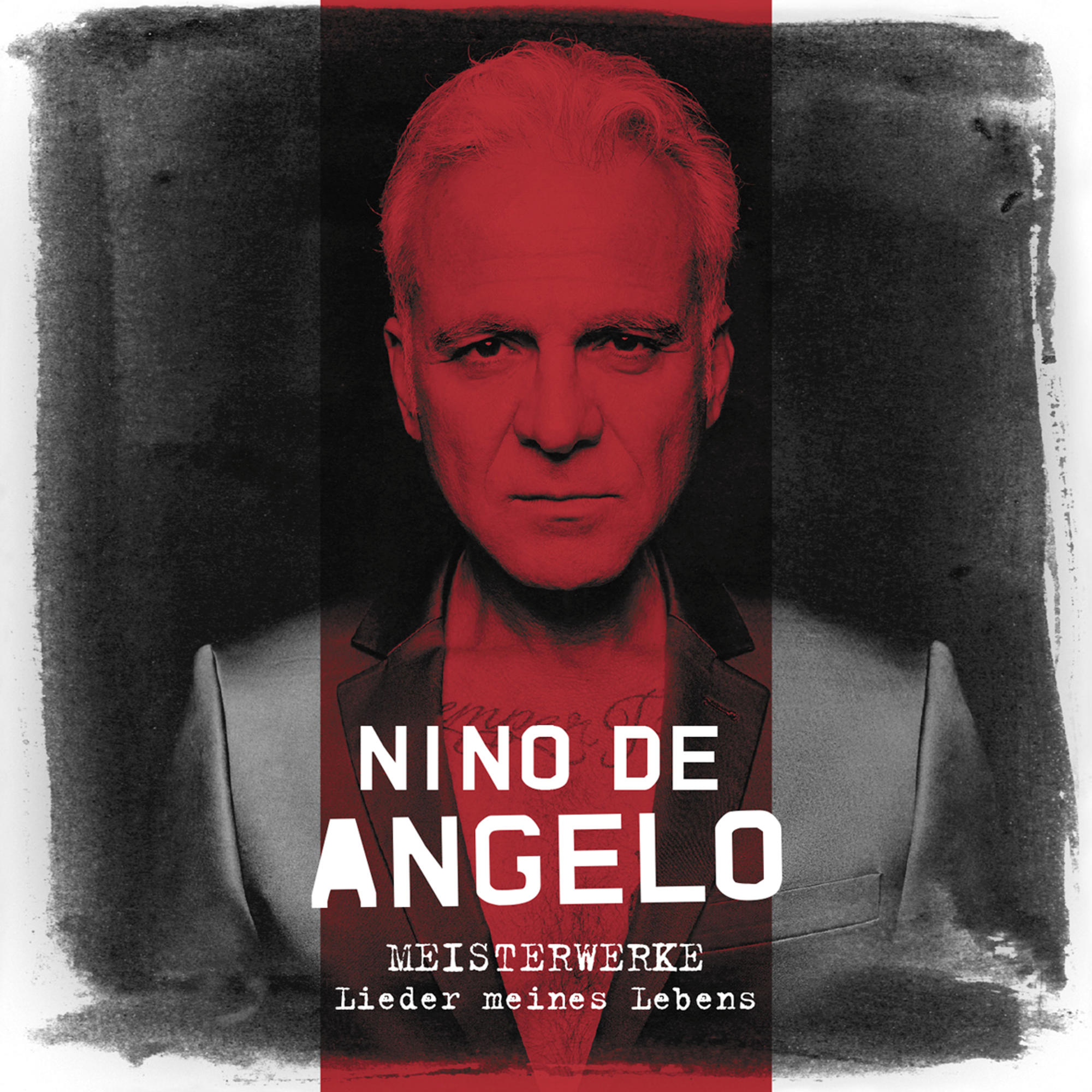 Albumcover mit Nino de Angelos Porträt in einem rot-schwarzen Design, Albumname: Meisterwerke.