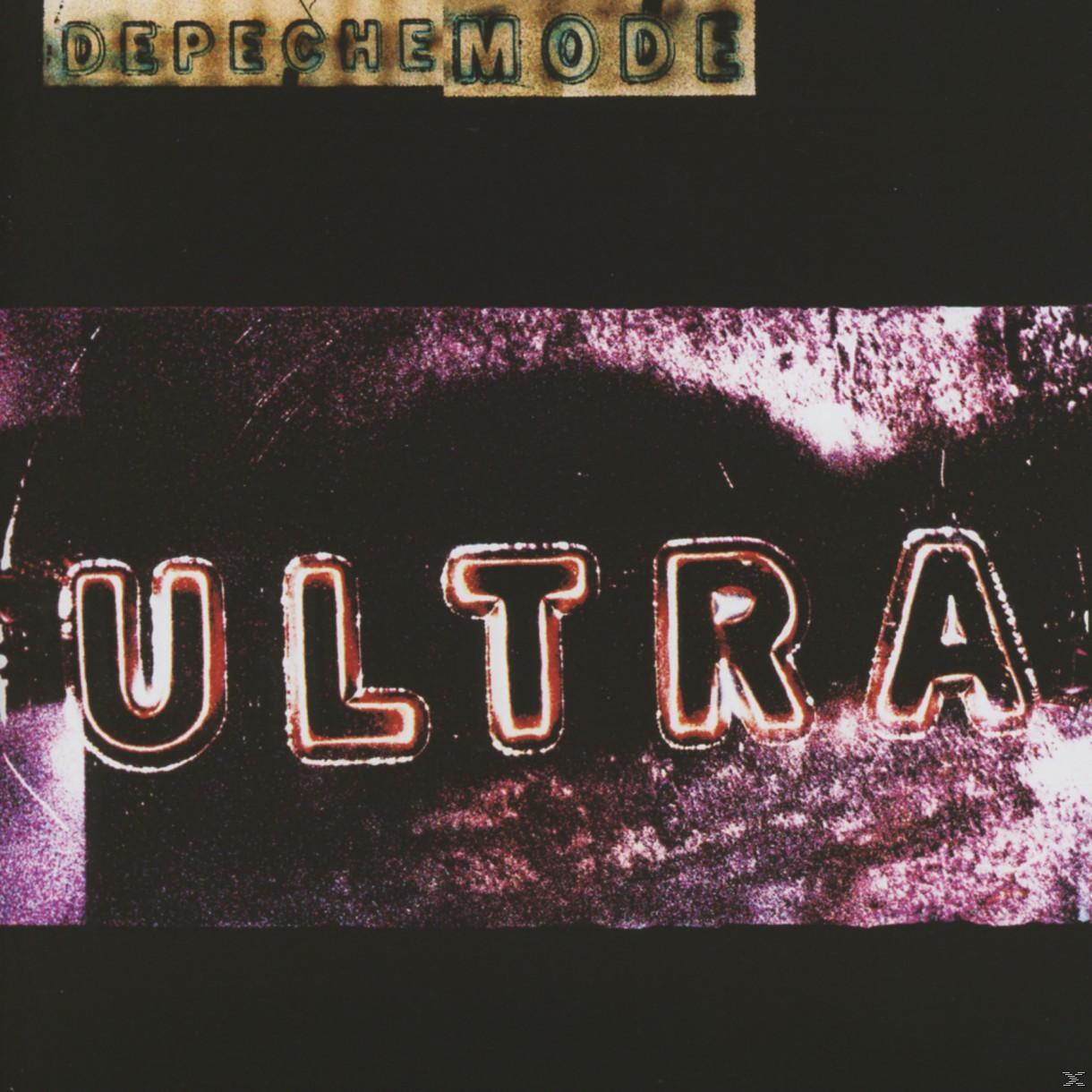 Albumcover. Schwarzer Hintergrund, weiße Buchstaben ULTRA und Depeche Mode Logo. Grunge-Stil.