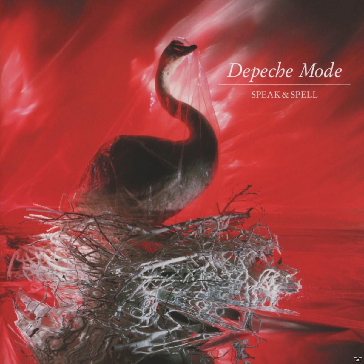Albumcover von Depeche Mode. Schwan in Plastik, roter Hintergrund. Text: Speak & Spell.