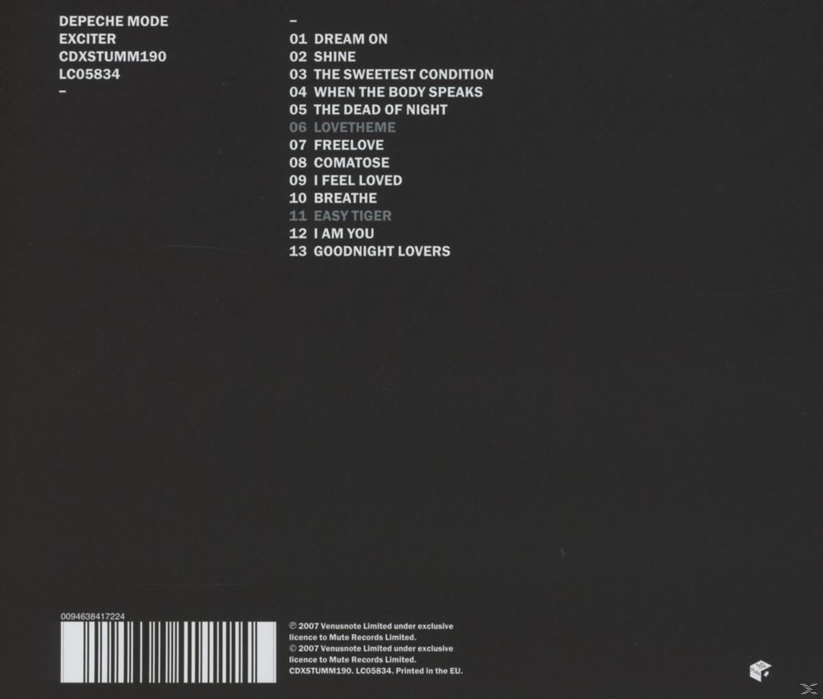 Album-Rückseite: Depeche Modes Album 'Exciter'. Trackliste des Albums wird angezeigt. Dunkler Hintergrund.