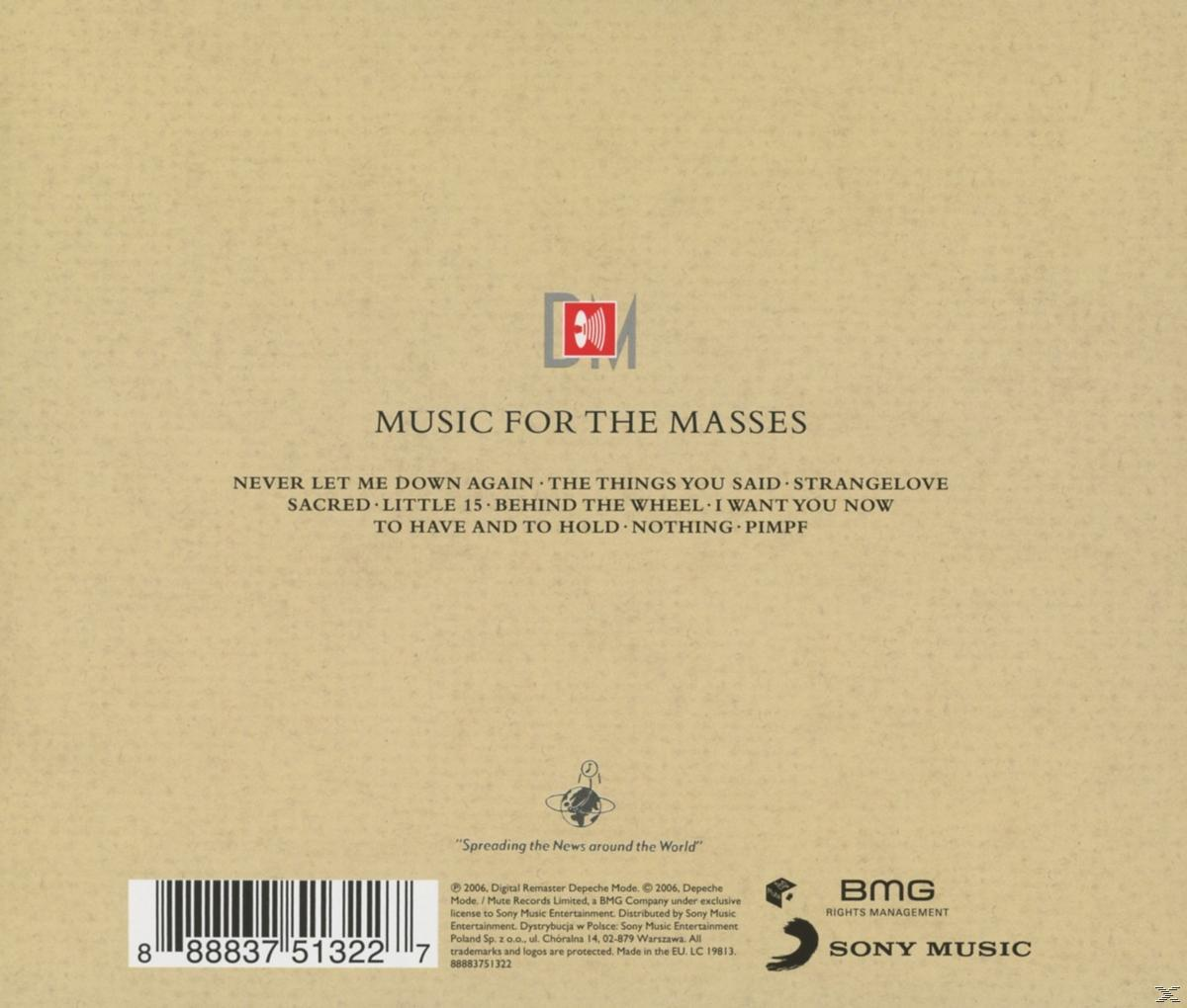 CD-Rückseite mit Titelliste: Music For The Masses von Depeche Mode. Weißer Text auf beigem Hintergrund.