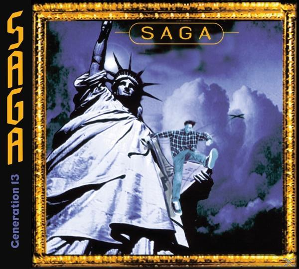 Albumcover mit Freiheitsstatue und einem springenden Mann. Goldener Rahmen. Saga.