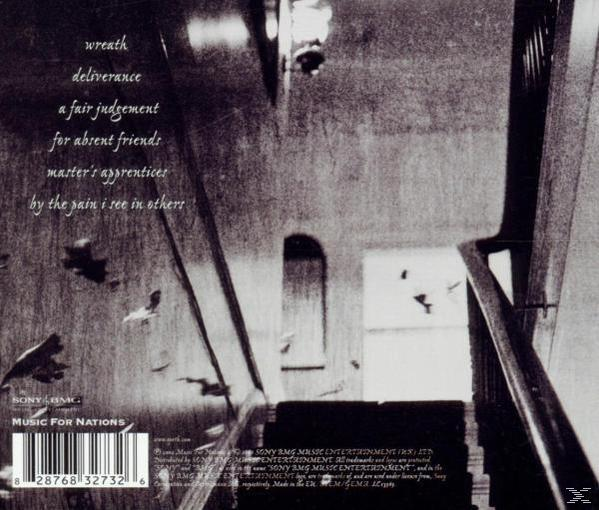 Albumcover mit Text und Treppe mit fliegenden Vögeln. Text: 'wreath' bis 'by the pain I see'.