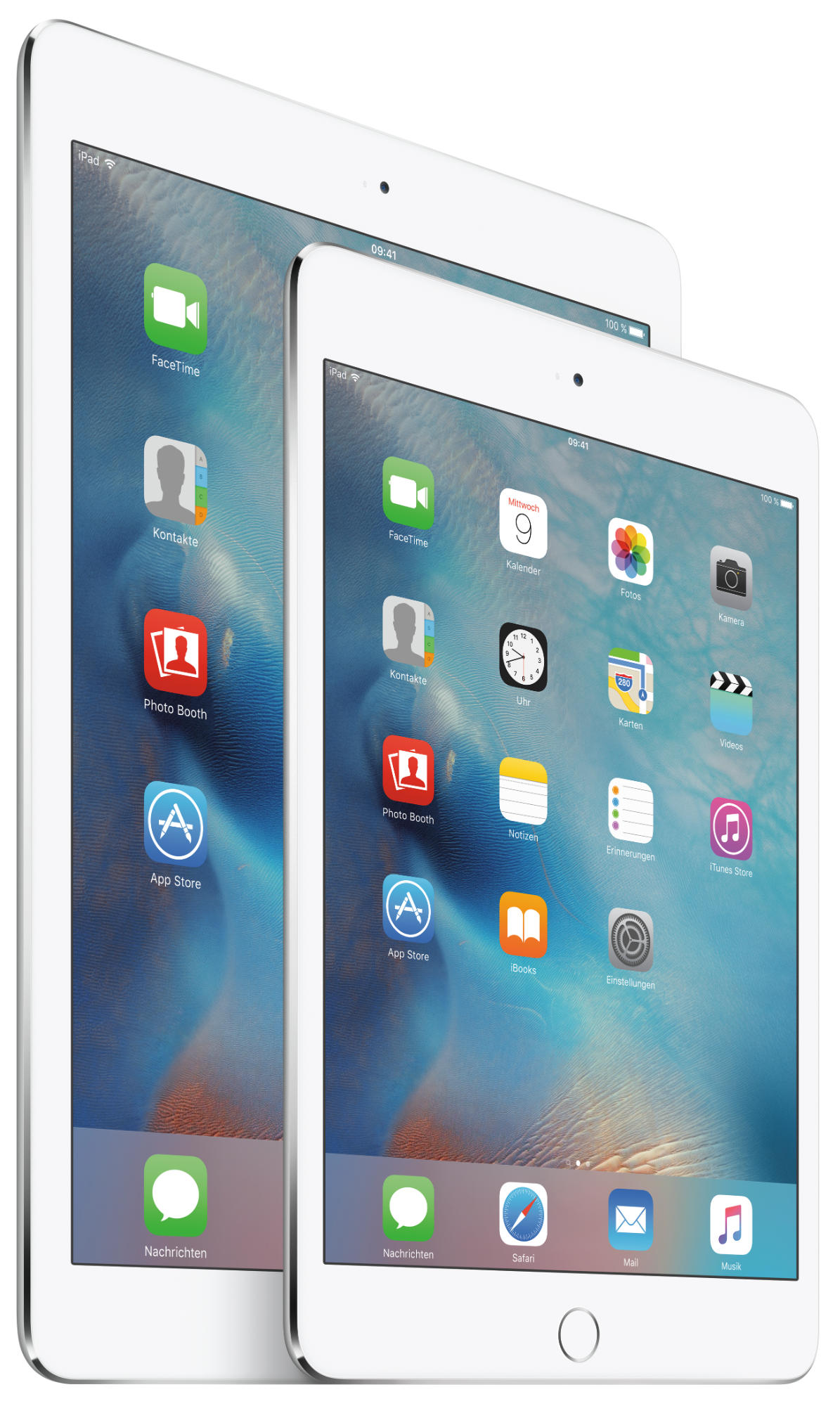 Zwei weiße iPads, eines etwas größer. Die Bildschirme zeigen App-Symbole.