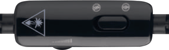 Black headset control with buttons and symbols. The logo of a laser and a speaker.