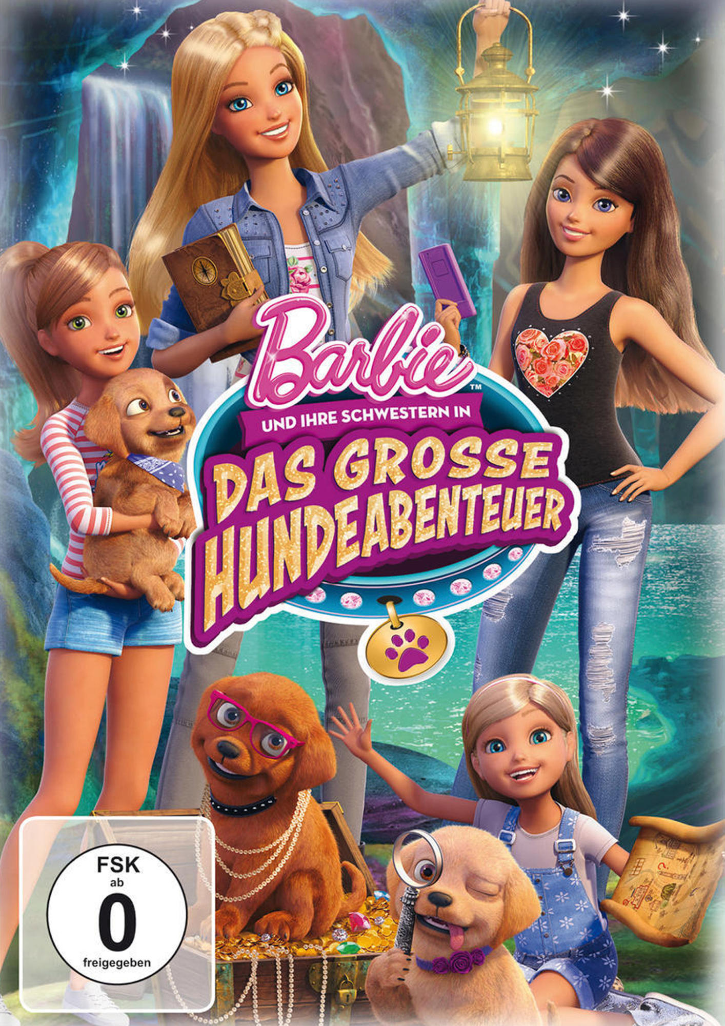 Barbie-Filmcover: Barbie-Puppen mit Hunden, Text. Die Szene ist draußen, mit Wasserfällen.