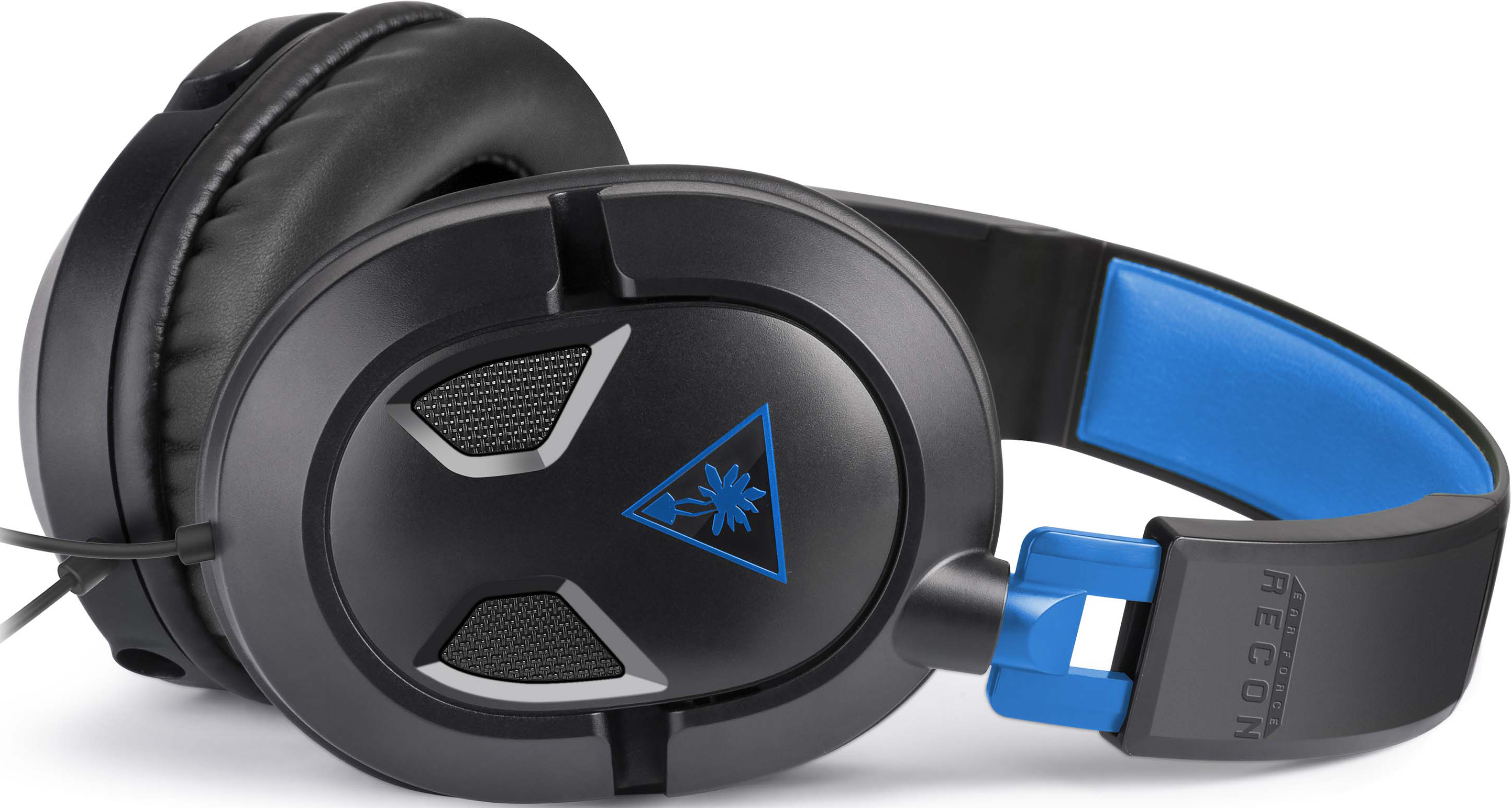 Black and blue gaming headphones. The brand logo is visible on the ear cup.