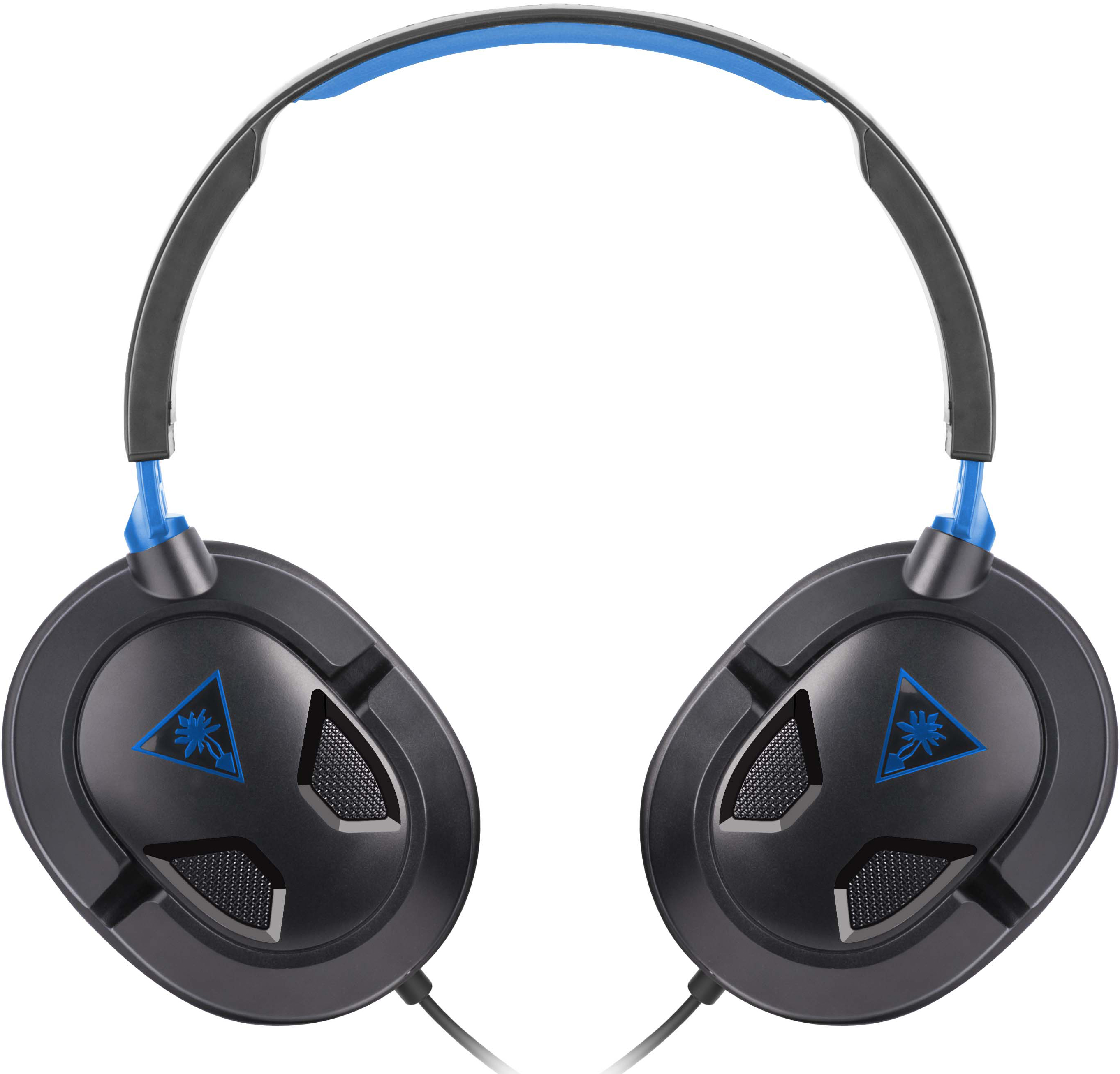 Black and blue gaming headset with a microphone and brand logo.