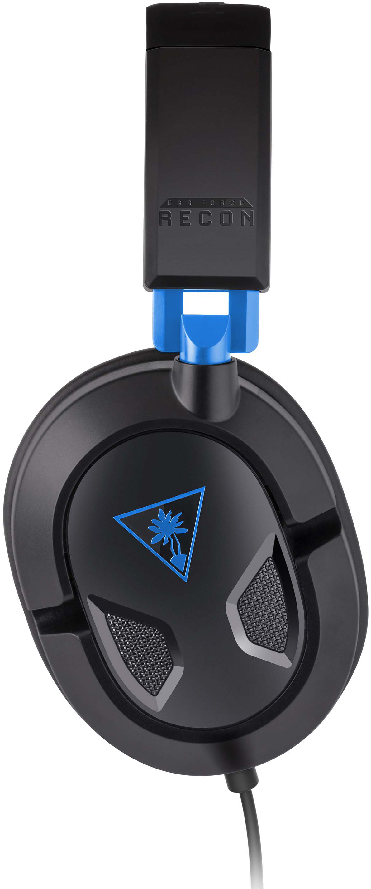 Black headset with blue accents and a palm tree logo. Ear Force Recon text on the headband.