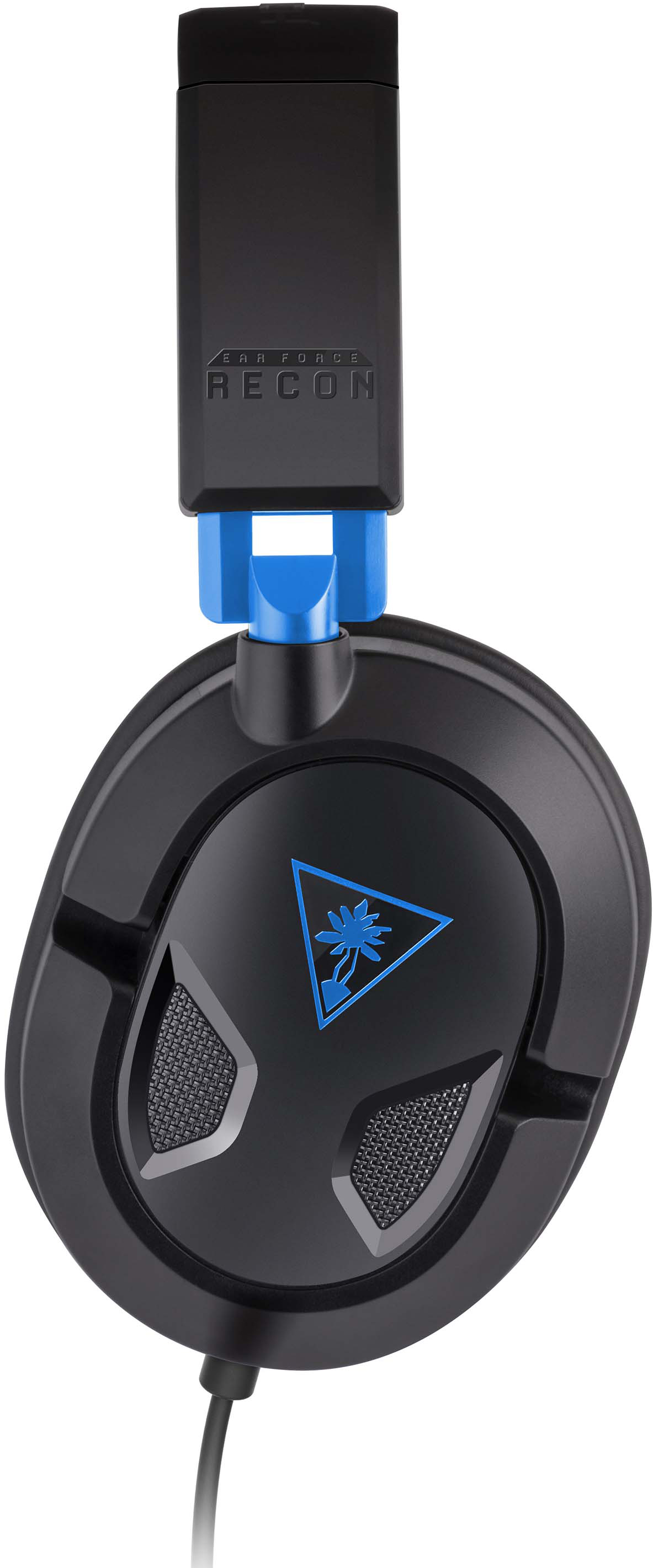 Black and blue gaming headset with the brand name on the headband and ear cups.