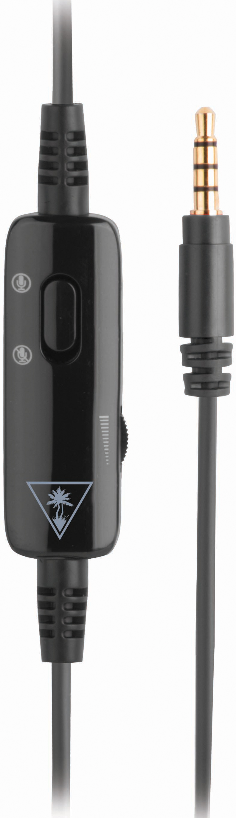 Black headphones cable with a control box and a jack.