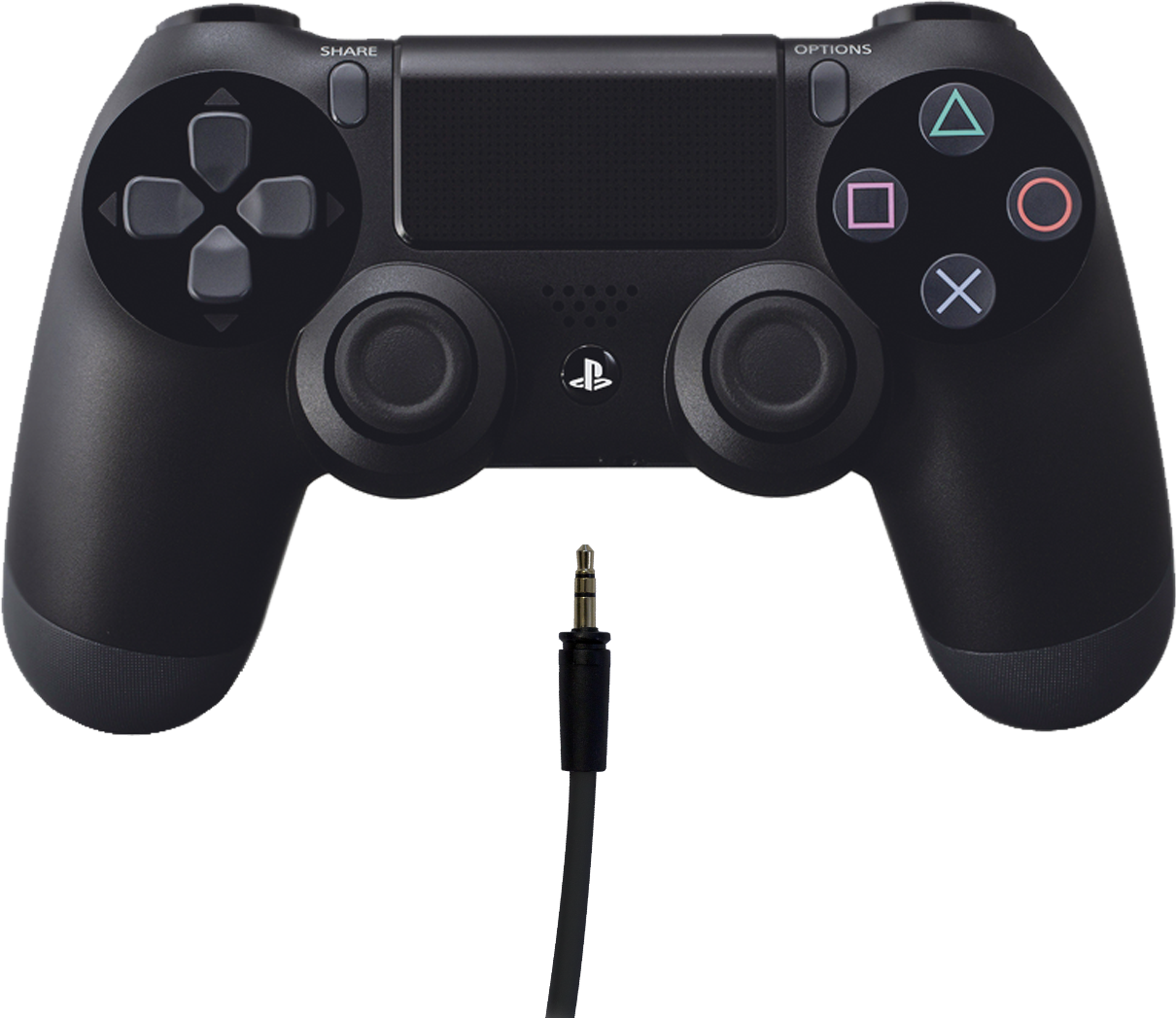Black PlayStation 4 controller with a 3.5mm jack cable. The controller has buttons and a touchpad.
