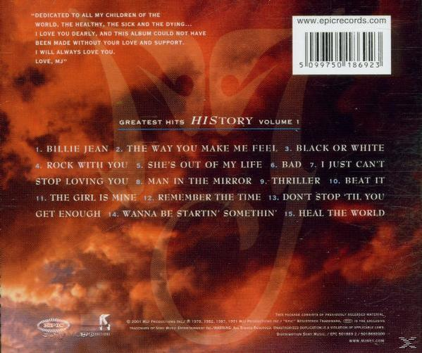 Album borító. Piros háttér History Volume 1 címmel és a dalok címeivel.
