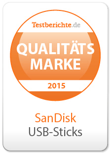 Orange und weißer Aufkleber: 'Qualitäts Marke 2015' und 'SanDisk USB-Sticks'.
