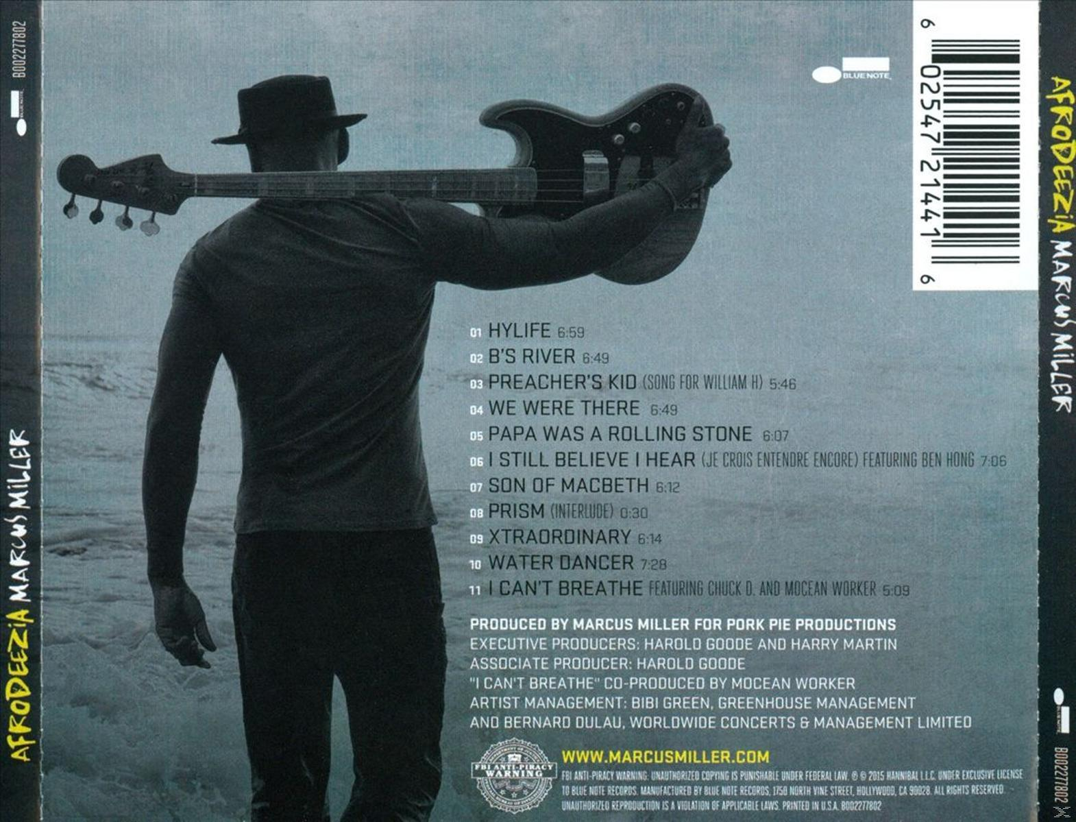 CD-Rückseite: 'Afrodeezia' von Marcus Miller. Mann mit Bassgitarre auf dem Rücken. Titelliste.