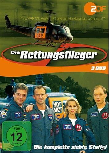DVD-Cover für 'Die Rettungsflieger'. Ein Hubschrauber und eine Gruppe von Leuten in Uniform sind im Bild.