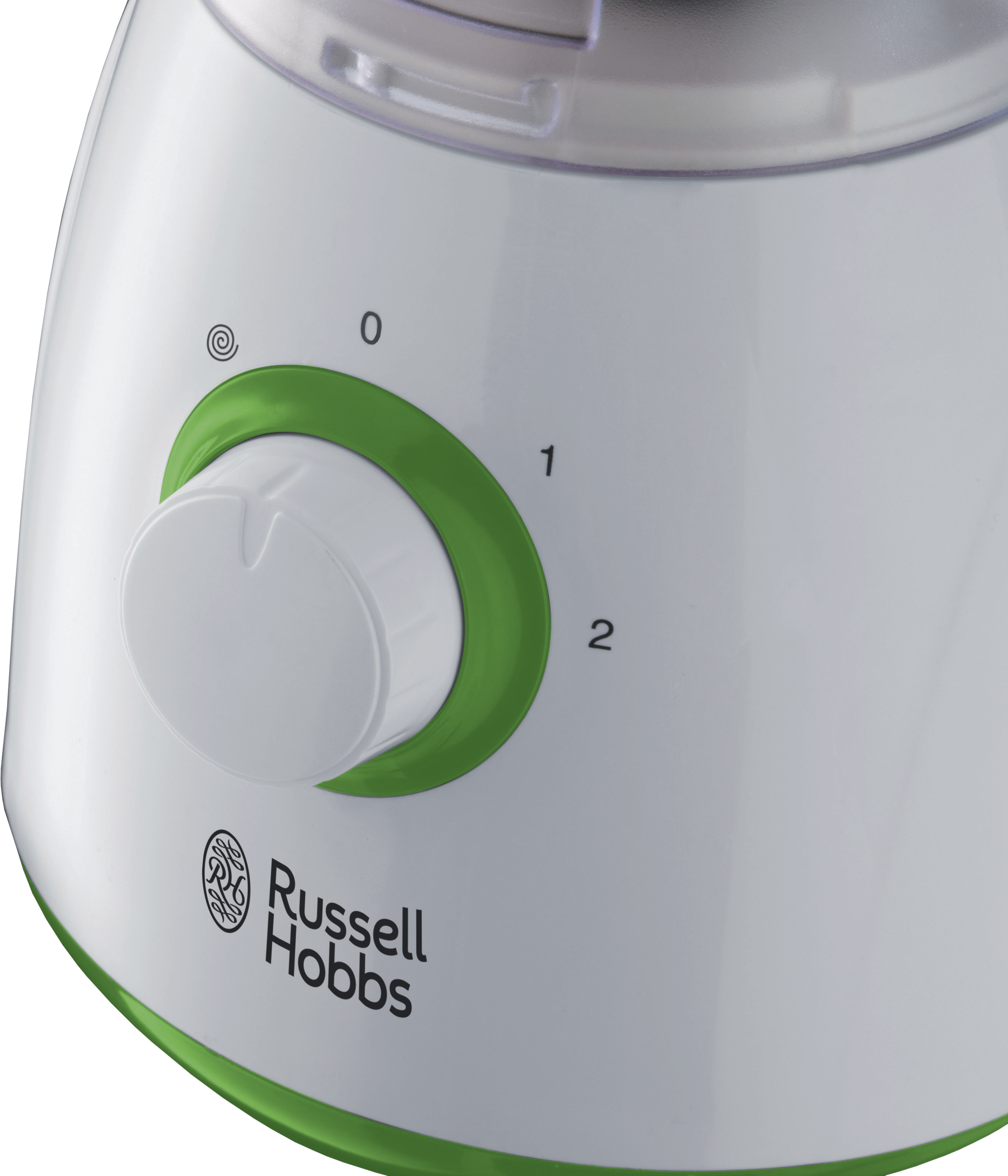 Egy fehér és zöld konyhai készülék egy 0-2-ig terjedő tárcsával és a Russell Hobbs logóval.