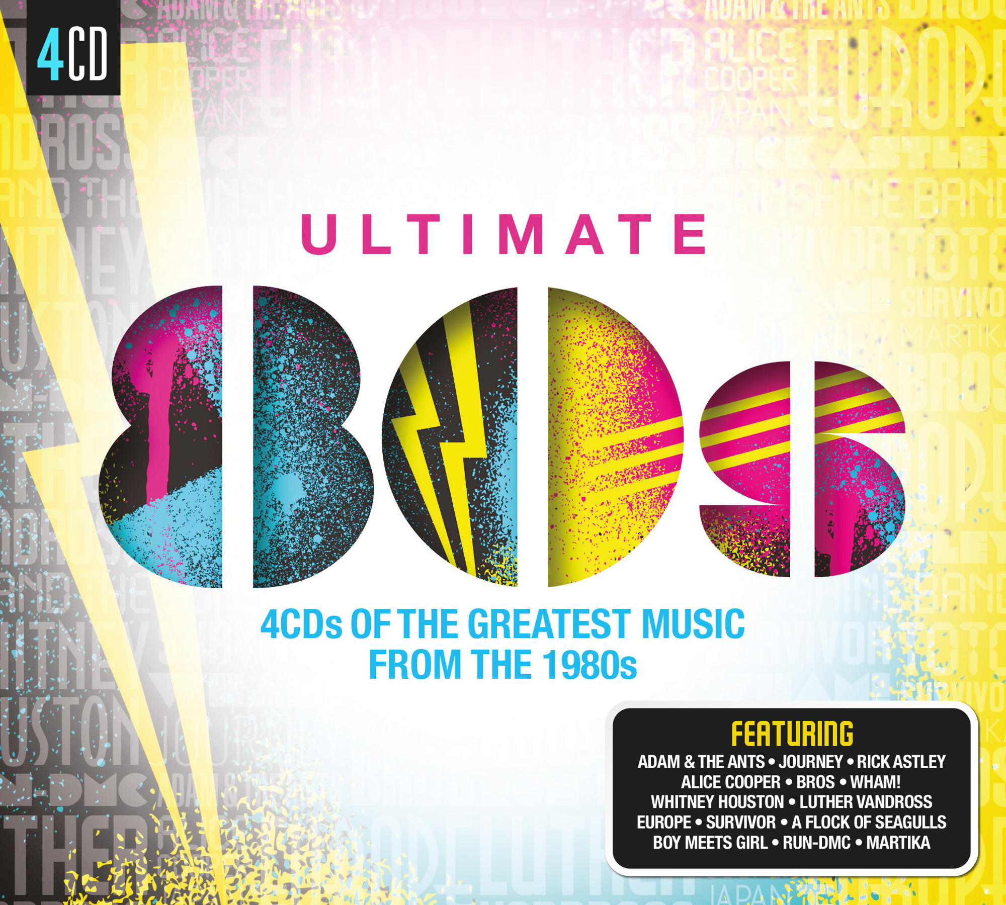 Ultimate 80s Albumcover mit lebendigen Farben, mit 4 CDs Musik und Künstlernamen.