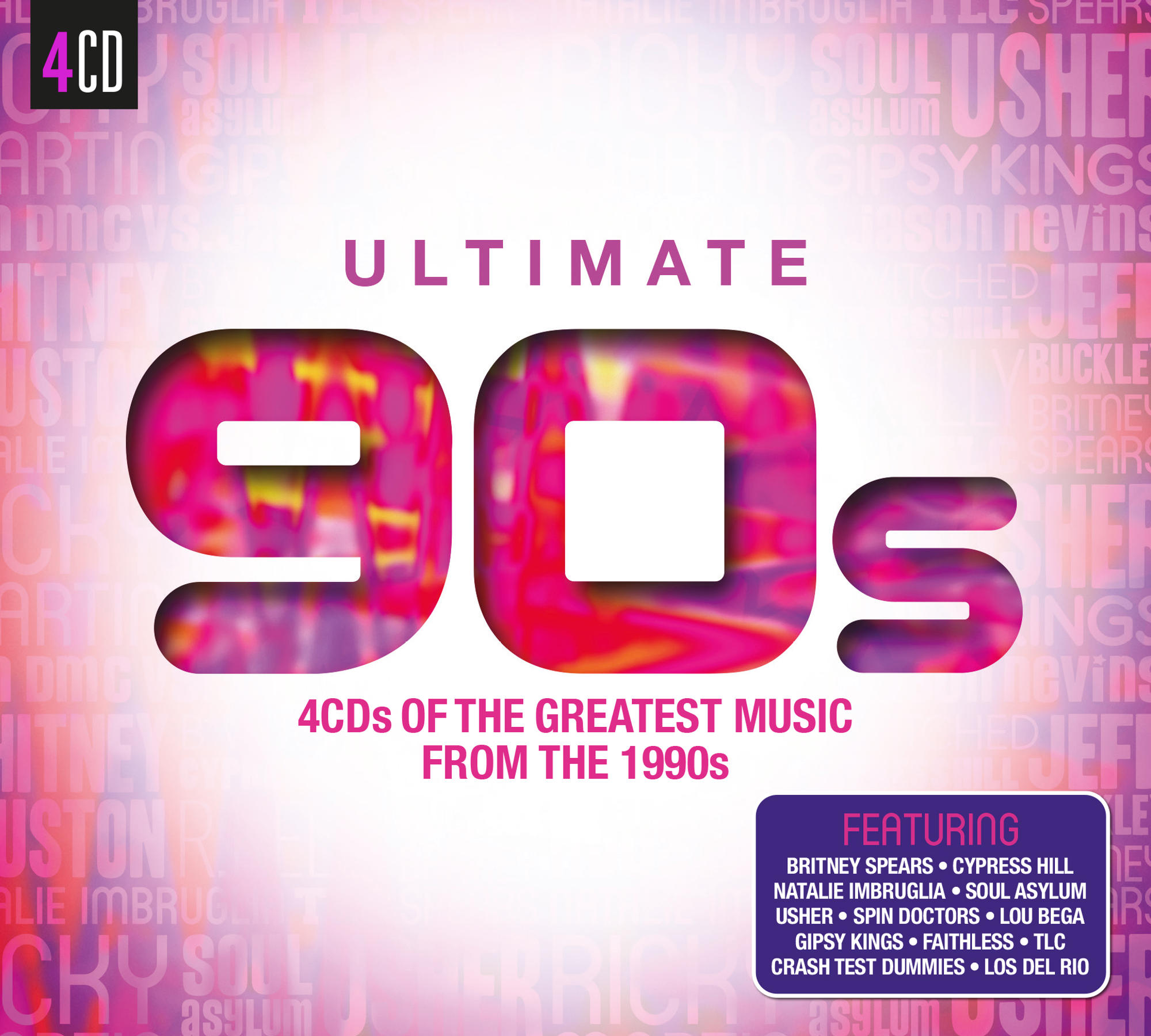 CD-Cover für 'Ultimate 90s' Musikauswahl. Das Cover zeigt eine pinkfarbene '90s'-Grafik und Künstlernamen.