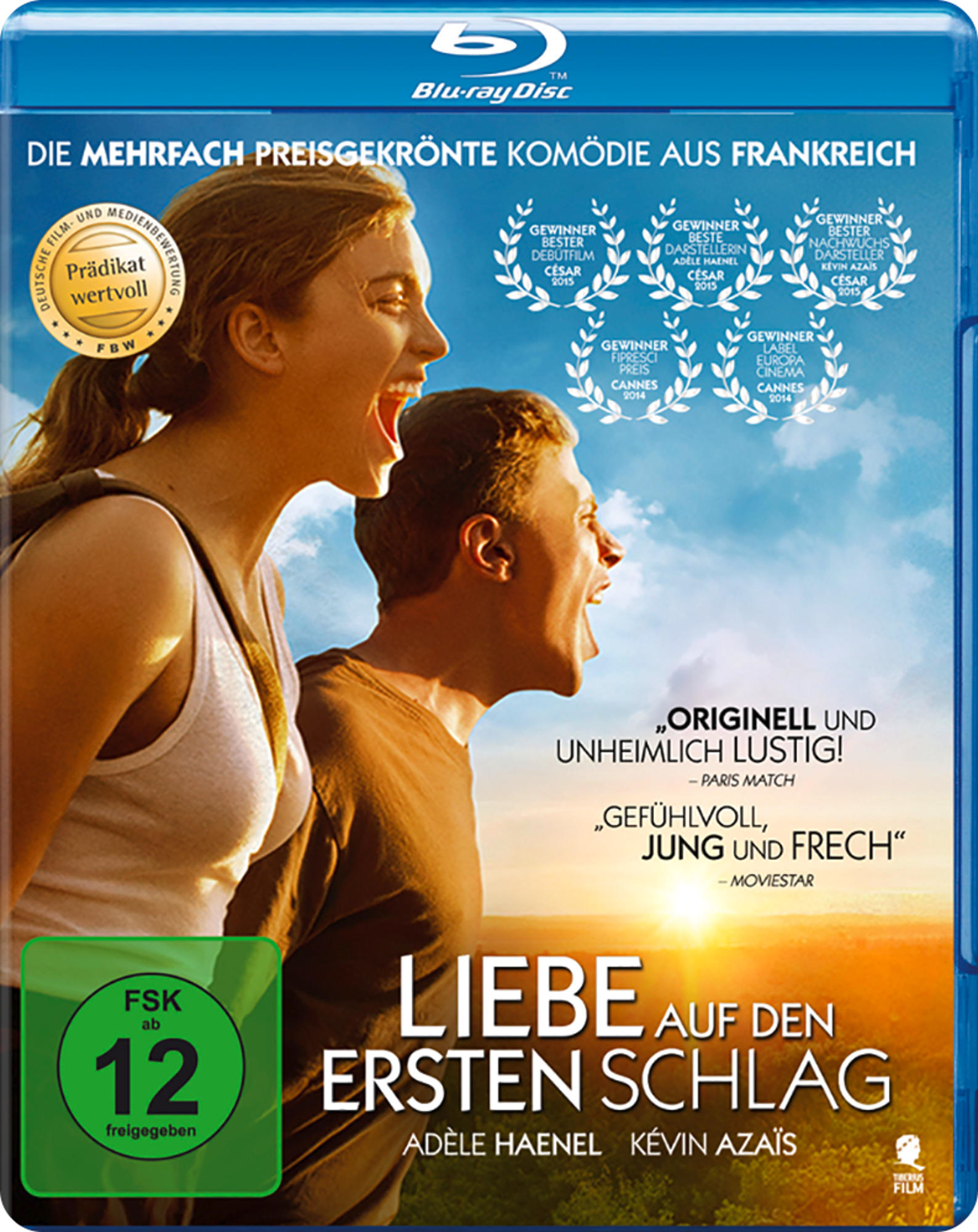 Filmcover mit Mann und Frau, beide mit offenem Mund. Blauer Hintergrund mit Auszeichnungen.
