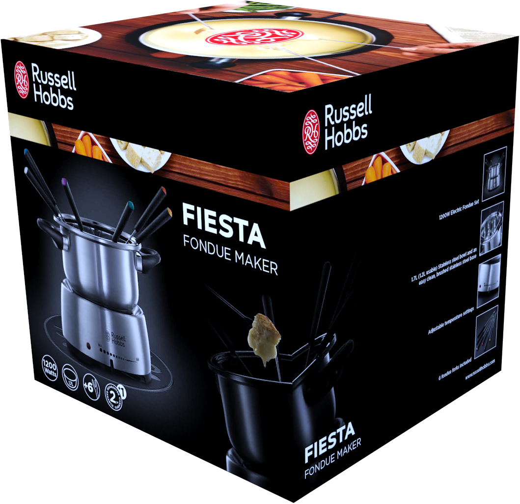 Russell Hobbs Fiesta fondue készítő doboza. Tartalmaz fondü edényt és villákat. A dobozon a termék neve látható.