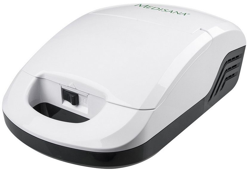 White MEDISANA nebulizer machine with a black handle. 