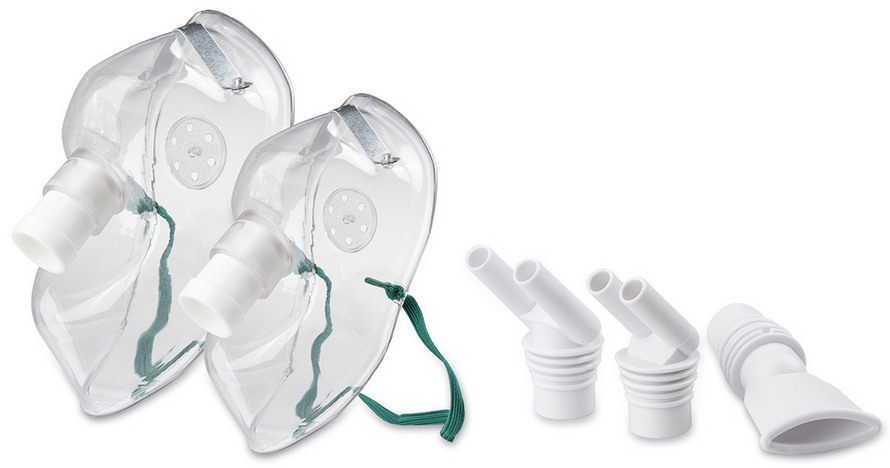 Two clear plastic face masks and three white plastic connectors and one nozzle.