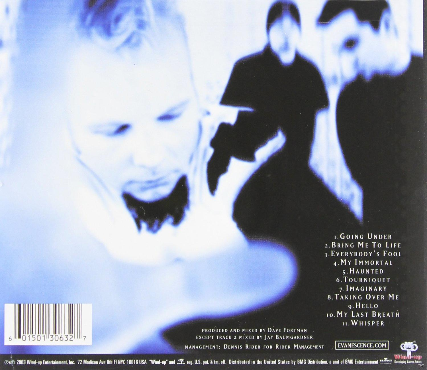 Albumcover mit verschwommenem Bild eines Mannes und Trackliste, und dem Wort 'Evanescence'.