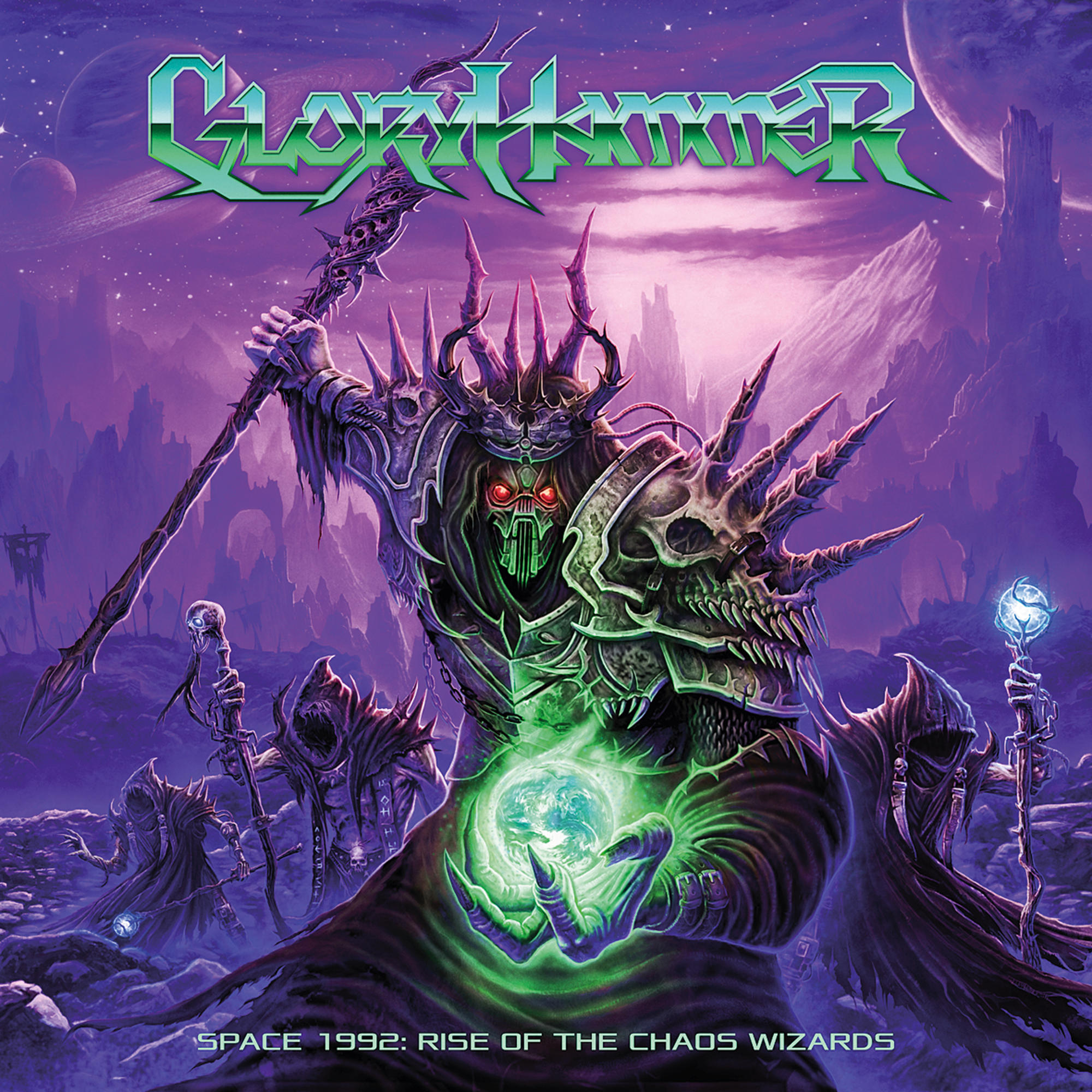 Albumcover für Gloryhammer's 'Space 1992: Rise of the Chaos Wizards' mit einem Fantasy-Bild.